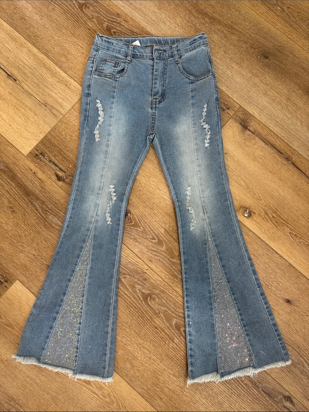 Light Blue Girls' Distressed Flare Jeans with Sparkle Insets